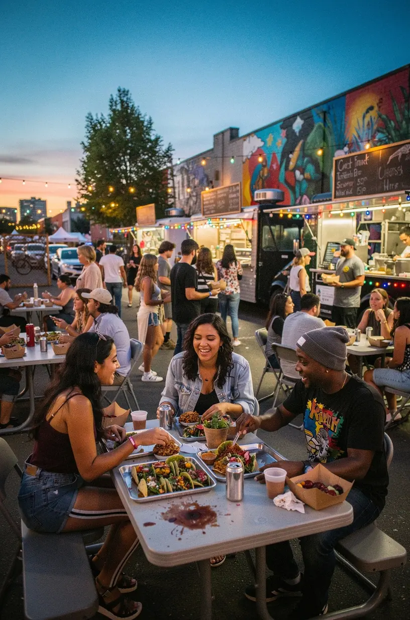 A vibrant street scene featuring food trucks and outdoor dining areas highlighting diverse US regional flavors.