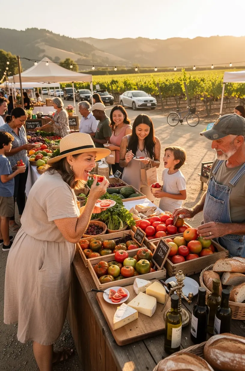 Visitors sampling artisanal cheeses and handmade breads at a specialty food stall in a renowned gastronomy neighborhood.